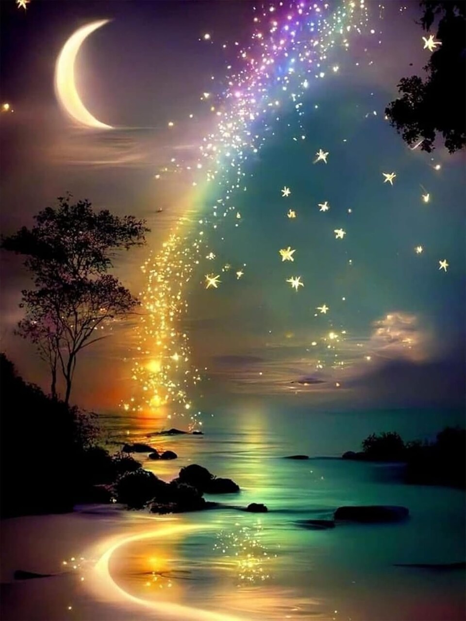 Moon Diamond Art Painting Kits for Adults – Starry Glow-in-the-Dark Full Round Rainbow Diamond Art Dots Wall Decor, 12×16 in